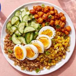 BBQ Chickpeas & Farro with Corn, Cucumbers & Hard-Boiled Eggs