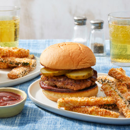 BBQ Pork Burgers with Crispy Zucchini Fries & Smoky Ketchup