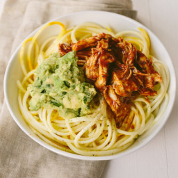 BBQ Shredded Chicken and Squash Noodle Bowls with Avocado-Cilantro Mash
