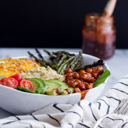 BBQ Chickpea and Crispy Polenta Bowls with Asparagus + Ranch Hummus.