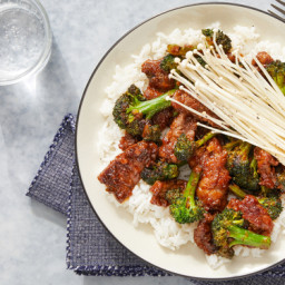 Beef & Broccoli with Marinated Enoki Mushrooms & Jasmine Rice