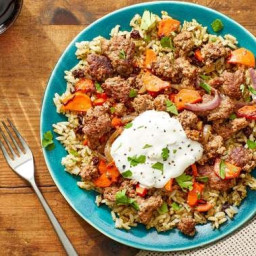 Beef & Shawarma-Spiced Rice with Carrots & Lemon Labneh