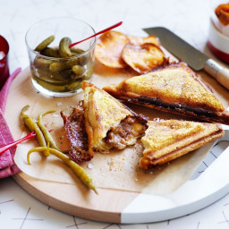 Beef and cheddar jaffles with sweet potato chips
