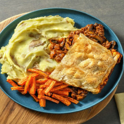 Beef and Mushroom Pie with Mash and Roasted Carrots
