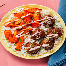 Beef Bulgogi Meatballs with Roasted Carrots, Ginger Rice & Sriracha Crema