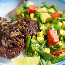 Beef Burgers With Jerk Onions and Cucumber Avocado Salad
