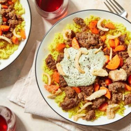 Beef over Curry-Spiced Rice with Creamy Cilantro Sauce