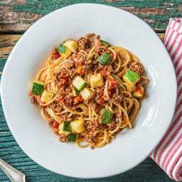Beef Ragù Spaghetti with Zucchini, Parmesan, and Pepperolio