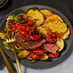 Beef Tenderloin and Burst Balsamic Tomatoes with Cheesy Potato Rounds and R
