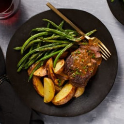 Beef Tenderloin Au Poivre with Roasted Potatoes and Green Beans