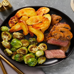 Beef Tenderloin with Mushroom Sauce with Roasted Brussels Sprouts & Fingerl