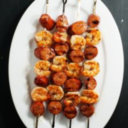 Beer-basted andouille and shrimp skewers