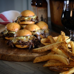 Beer-Braised Short Rib Sliders with White Cheddar, Caramelized Onions and B