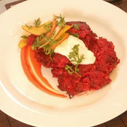 Beet and Red Onion Potato Latkes with Carrot Puree and Horseradish and Cara