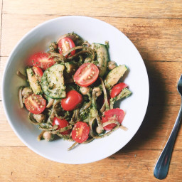 Beet Green Pesto Pasta with Zucchini and Chickpeas
