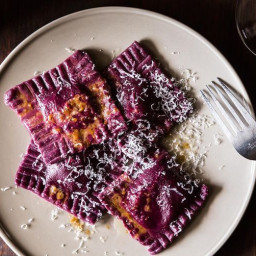 Beet Ravioli with Goat Cheese, Ricotta and Mint Filling