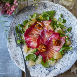Beetroot-cured salmon with citrus salad and caramelised walnuts