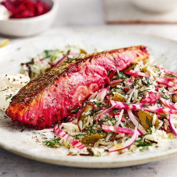 Beetroot-marinated salmon with dill pickled rice salad