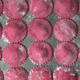 Beetroot Ravioli filled with Ricotta, Goat Cheese and Mint