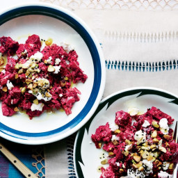Beets with Goat Cheese, Nigella Seeds, and Pistachios