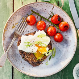 Black bean and barley cakes with poached eggs