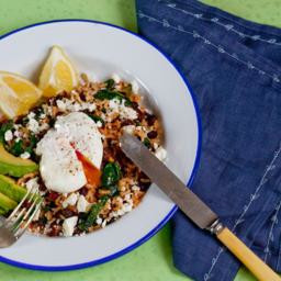 Black bean and brown rice bowl with poached eggs