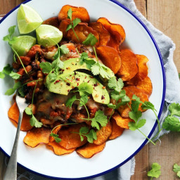 Black Bean and Chilli Nachos with Homemade Sweet Potato Chips