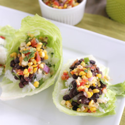 Black Bean Lettuce Wraps with Grilled Corn Salsa and Cilantro Lime Rice for