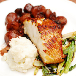 Black cod with balsamic braised shallots, mashed potatoes, and green onions