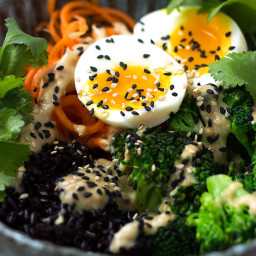 Black Rice, Vegetable and Egg Bowls with Peanut Sauce