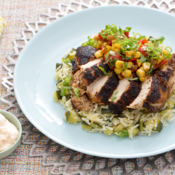 Blackened Chile-Dusted Chickenwith Zucchini Rice and Corn-Tomato Sauté