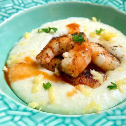 Blackened Shrimp and Grits with smoked Gouda cheese!