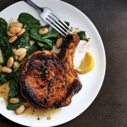 Blackened Skillet  Pork Chops with Beans  and Spinach