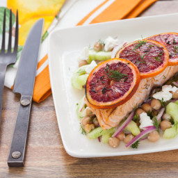 Blood Orange Roasted Salmon with Chickpea and Cucumber Salad