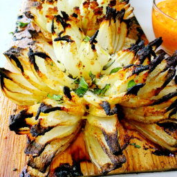 Blossom Onions Grilled and Planked with Red Pepper Aioli