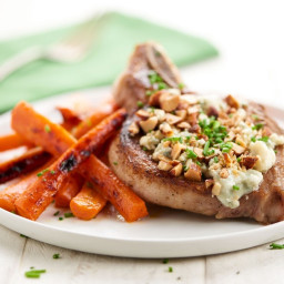 Blue Cheese and Smoked Almond Pork Chopwith honey-roasted carrots and chive