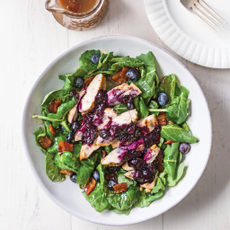 Blueberry Maple Chicken Kale Salad with Warm Bacon Vinaigrette