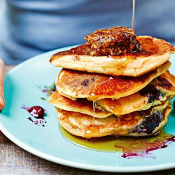 Blueberry pancakes with honeycomb and bacon butter