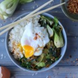 Braised Bok Choy, Leek and Spinach Rice Bowl with Poached Egg