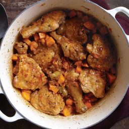 Braised Chicken Legs with Prosciutto, Sweet Potatoes, and Olives