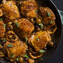 Braised Chicken Thighs with Garlic, Lemon and Greek Olives