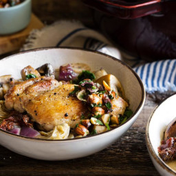 Braised chicken with mushrooms, artichokes, and almond-olive relish