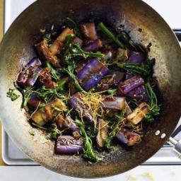 Braised Eggplant and Broccolini with Fried Ginger