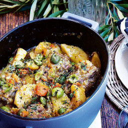 Braised lamb shanks with potatoes, olives and lemon