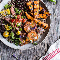 Brazilian Steak and Grilled Sweet Potato Fry Quinoa Bowl with Spicy Coconut