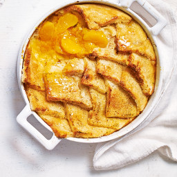 Bread and butter pudding with clementine and honey compote