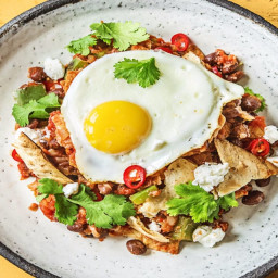 Breakfast Champion's Chilaquiles with Black Beans, Eggs, and Poblano Chili