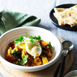 Breakfast curry with roti and poached egg
