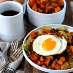 Breakfast Hash With Sweet Potato, Brussels Sprouts, Apple and Fried Egg