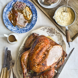 Brined barbecued turkey with a rich gravy
